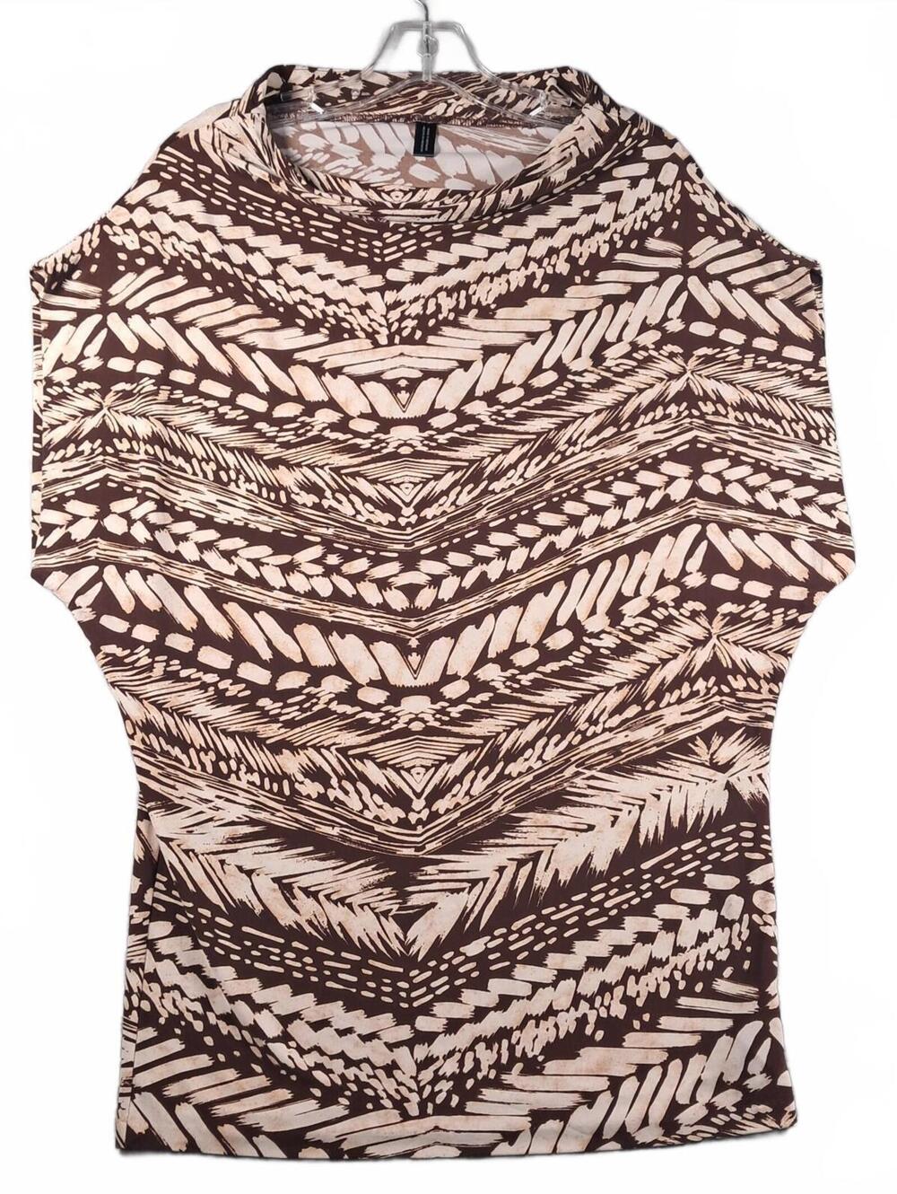 Women’s Brown Beige Abstract Tribal Print Mock Neck Stretch Top XS